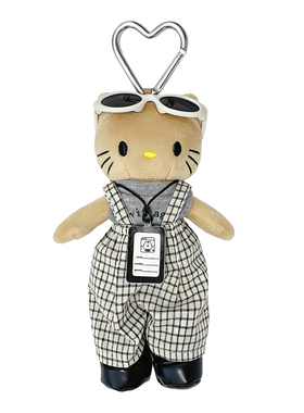 格子背带阔腿裤黑皮kitty包挂件