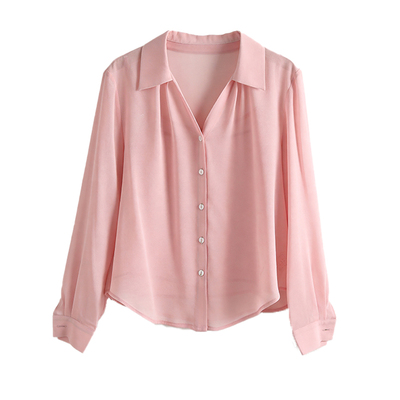 粉色V领雪纺衬衫女秋季长袖衬衣