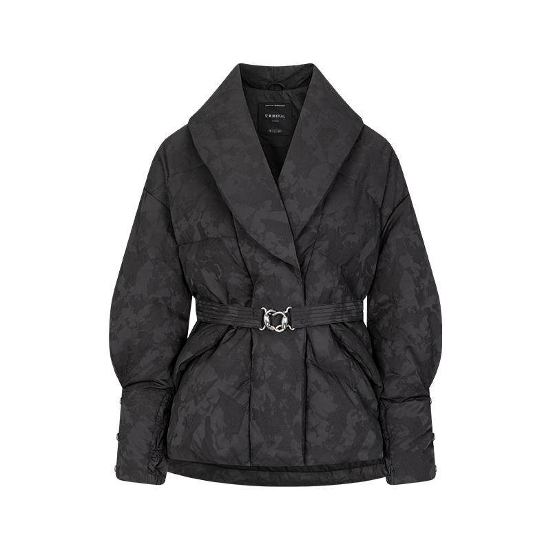 艾莱依鹅绒羽绒服女新款重工提花加厚保暖翻领西装领收腰优雅外套