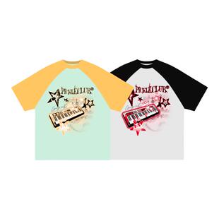 梁拌泡菜美式复古次元音浪印花插肩袖短袖T恤男女同款休闲上衣