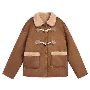 紫涵麂皮毛绒翻领外套女2025年冬季新款复古卡其色毛毛牛角扣上衣