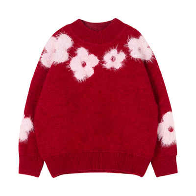 LittleNaive儿童圣诞红色毛衣冬新款毛绒花朵线衣女童新年针织衫