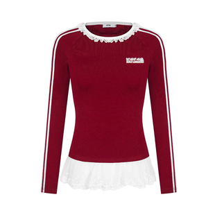 ASTRSK韩系学院复古蕾丝花边拼接条纹运动打底衫修身显瘦长袖T恤