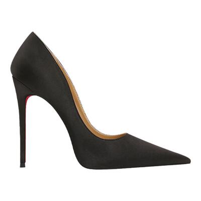 黑色绸缎缪南红底单鞋浅口高跟鞋