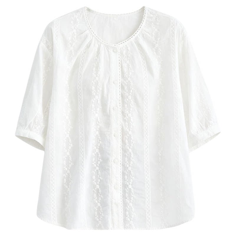 夏季纯棉绣花宽松短袖女衬衫