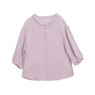 忘城T307座/黄昏落日时/夏新款21支色织亚麻小众木槿紫花边领小衫