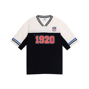 NFL美橄官方1920复古美式运动撞色百搭网眼情侣V领jersey短袖T恤