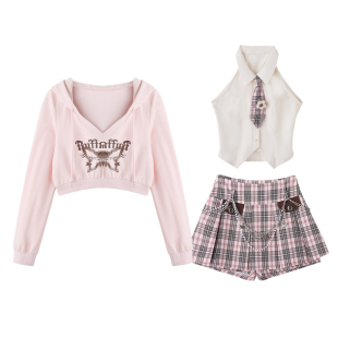 织物猪 粉糖校章 学院风粉色印花卫衣外套白色衬衫套装女格子短裙