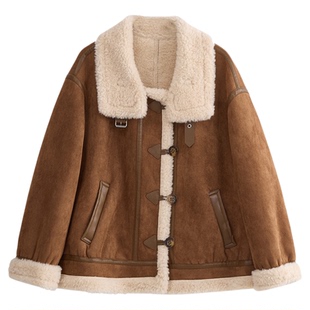 SeRinaBlue商场同款2026年春季新款保暖皮绒立领羊羔毛女款短外套