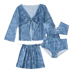 大码比基尼胖mm四件套分体性感泳衣女长袖防晒罩衫海边度假泡温泉