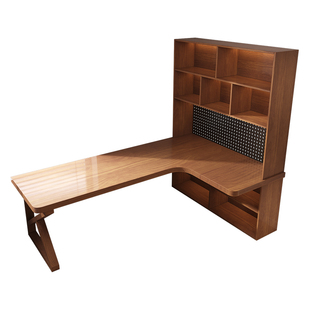 实木转角书桌书架一体现代简约家用办公桌带储物可定制L型学习桌