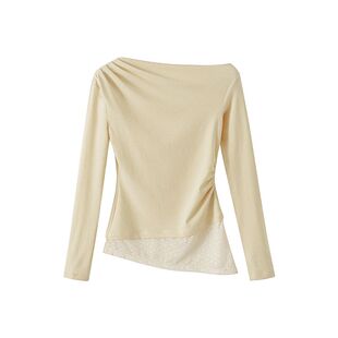 HUAAPPUW不对称斜肩露肩长袖T恤2025秋冬新款蕾丝拼接粉彩风上衣