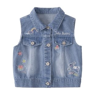 [7A抑菌]女童牛仔马甲春款刺绣水洗宝宝背心翻领春季儿童坎肩外穿