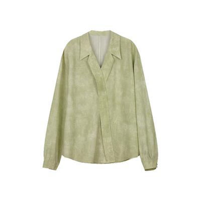 solighter法式亚麻晕染v领衬衫