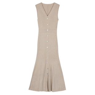 MULVAN 气质V领无袖连衣裙女夏季软糯修身收腰长款背心包臀裙