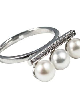 天然淡水三颗珍珠平衡木戒指s925纯银镶锆石戒托活口可调节指环