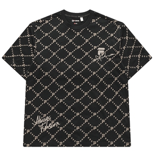 FILA FUSION斐乐情侣短袖T恤女新款夏季老花满印休闲纯棉宽松半袖