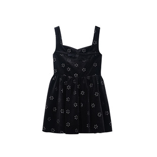 FF BLUE 邂逅首尔 花朵丝绒收腰吊带裙黑色赫本风连衣裙