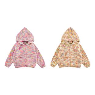 幼悠女童彩色连帽开衫冬季童趣可爱蓬松软糯罗纹织边插肩袖毛衣潮