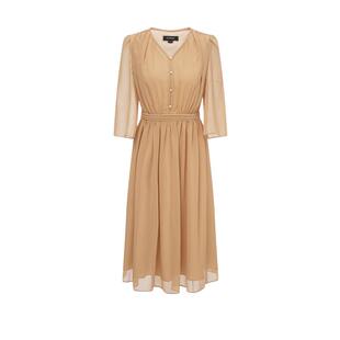 Scofield女装温婉优雅V领七分袖连衣裙金属珍珠扣2025夏季新品