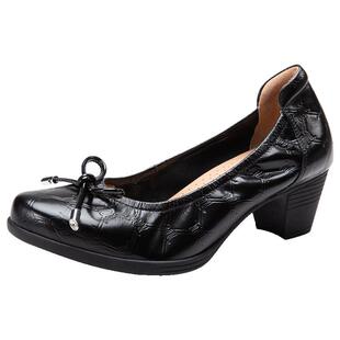 马内尔牛皮单鞋中跟鞋子女夏配裙子的鞋黑色浅口一脚蹬真皮高跟鞋