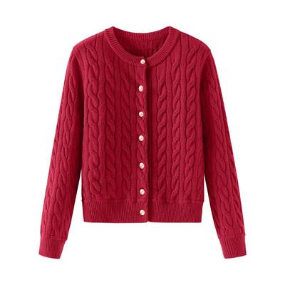 班尼路红色小香风针织开衫女2025秋冬新款加厚保暖绞花毛衣外套N
