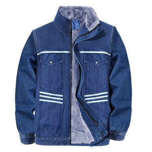冬季加绒牛仔棉服连帽工作服套装男加厚电焊工防烫建筑工人劳保服