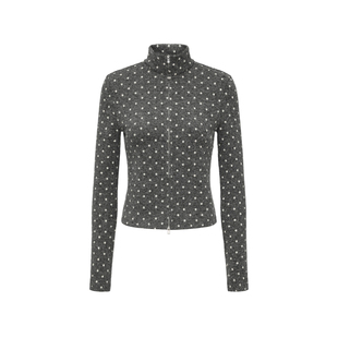 oinimi 花灰色法式波点拉链开衫 简洁复古修身针织短上衣