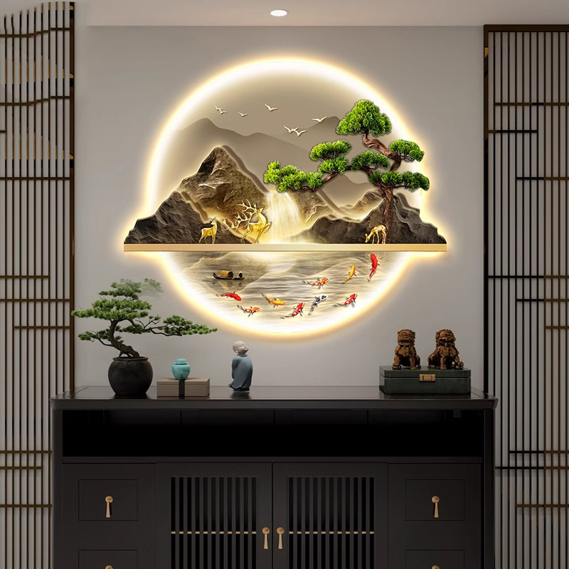 新中式玄关装饰画 画入户正对门山水画 画带灯走廊过道挂画 画迎