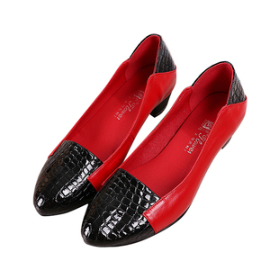 上海花牌真皮女鞋舒适百搭浅口圆头女士皮鞋粗跟皮鞋简约中跟单鞋