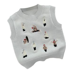 男童春秋装韩版卡通刺绣背心毛衣男宝宝百搭针织马甲婴儿时髦上衣