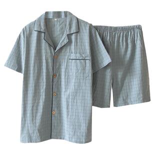 日系男士简约格子棉布睡衣夏季短袖短裤翻领纯棉薄款家居服套装薄