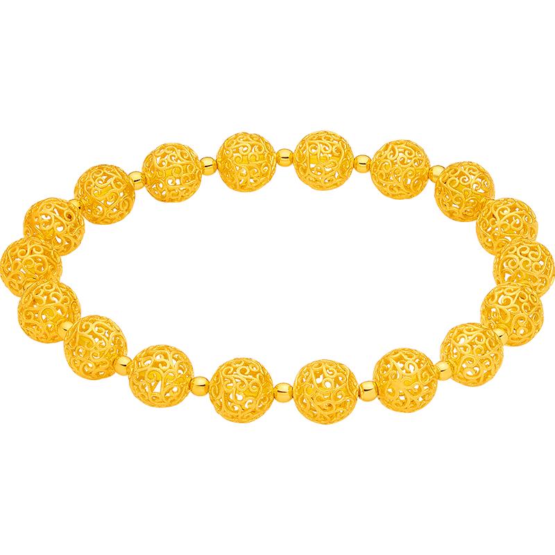 明牌珠宝古法黄金手链 卷云珠手串足金圆珠镂空女链AFK0206