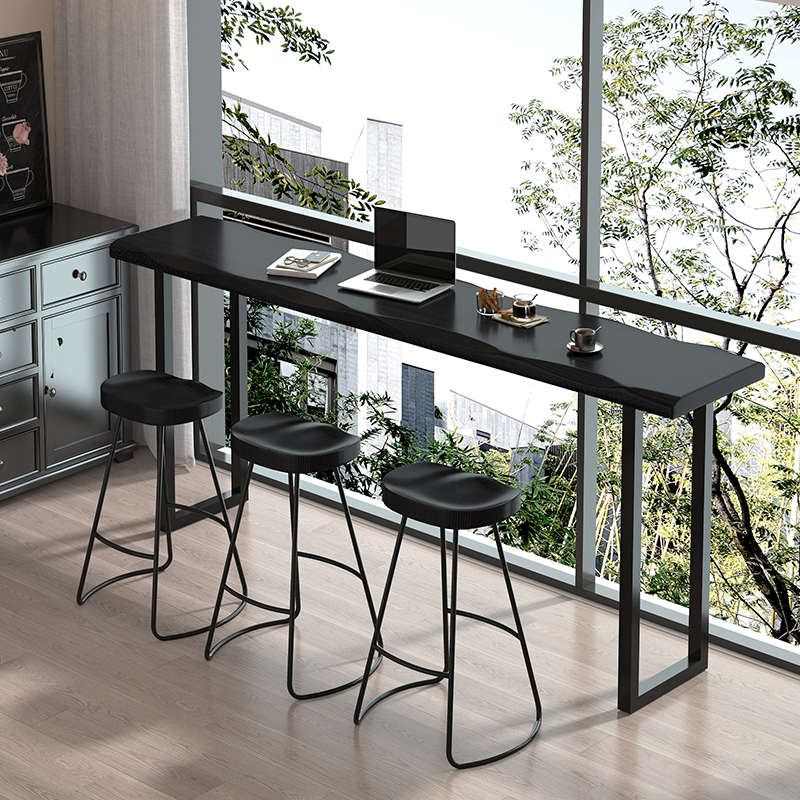阳台黑色实木吧台桌自然边长条桌办公休闲高脚桌靠窗吧台桌椅组合
