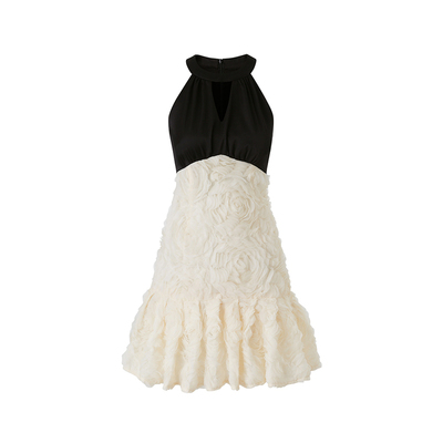 Sun雅乔【浪漫复兴】夏季千金感法式黑白设计感花朵挂脖连衣短裙