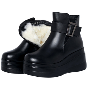 东北雪地靴女真皮厚底棉靴坡跟女鞋皮毛一体羊毛短靴加绒加厚棉鞋