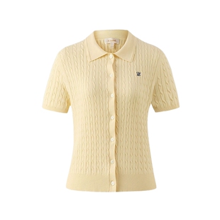 Eland衣恋针织衫女休闲Polo翻领绞花正肩短袖开衫修身上衣夏季