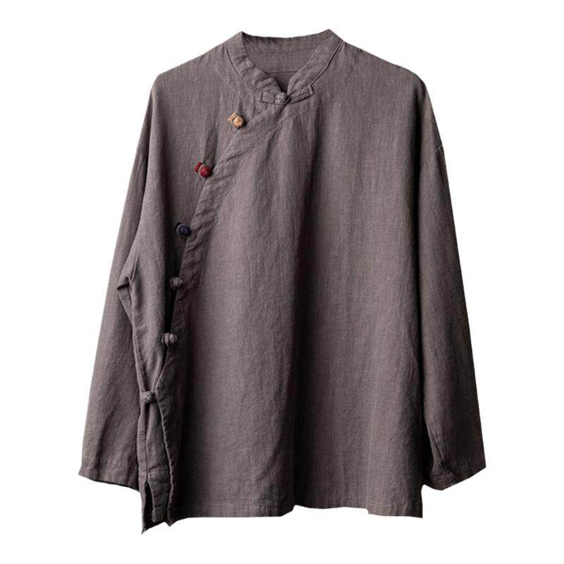 中国风棉麻上衣女文艺复古禅意茶服盘扣斜襟长袖T恤宽松亚麻衬衫