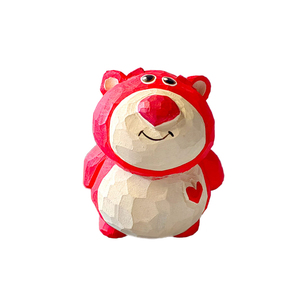 神工巧匠丨可爱粉色草莓熊木雕 桌面摆件手工雕刻 女生创意小礼品