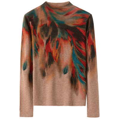 薄款洋气印花水溶纯羊毛衫女