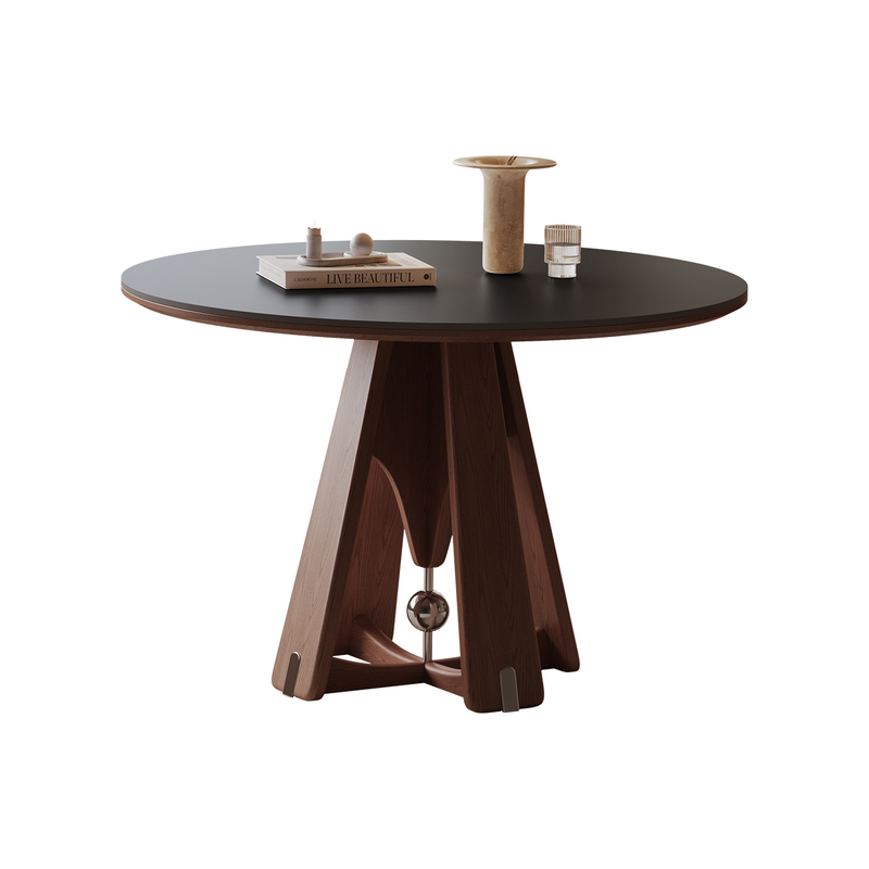 奥古斯特中古风实木餐桌圆形家用2025新款全托轻奢包豪斯餐桌圆桌