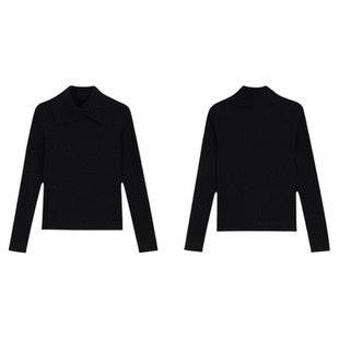 MULVAN 腔调冬日 黑色半高领针织打底衫女设计感修身显瘦内搭上衣