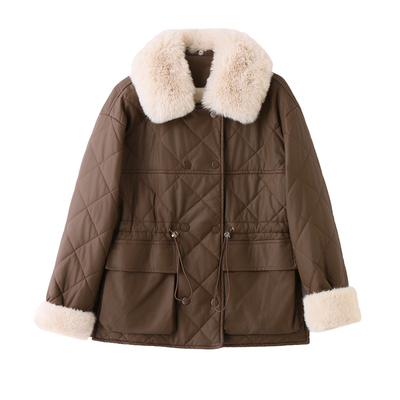 菱格休闲加绒皮衣外套女2025冬季新款高级感气质收腰中长款棉服