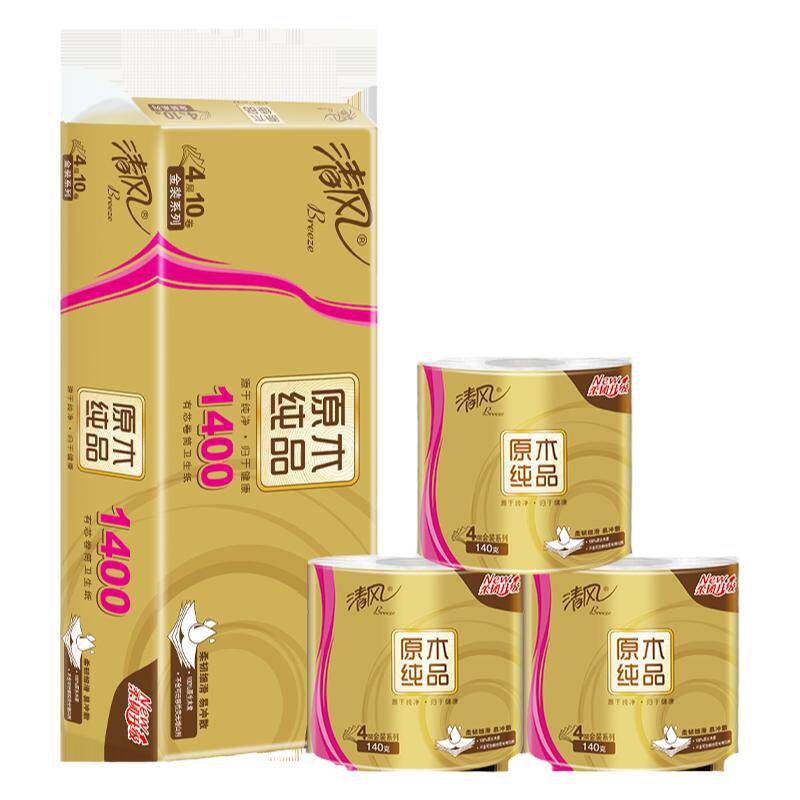 清风金装原木纯品4层27卷140克卷筒纸纸巾家用实惠装卫生纸厕纸