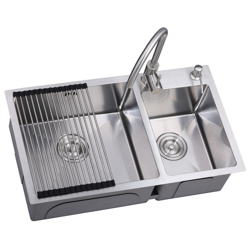 加厚手工水槽双槽 304不锈钢厨房洗菜盆水池台上盆台下盆洗碗池
