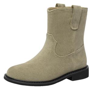 戈美其复古短靴女靴2024秋冬新款绒面靴子棕色超火粗跟西部牛仔靴