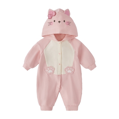 [7A抗菌]婴儿衣服男宝宝可爱连帽爬服女婴透气外出秋装宝宝连体衣