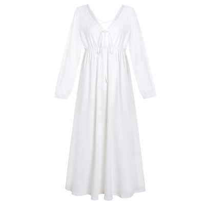 精梳棉白色v领露背法式长款睡裙