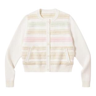 PSO Brand女装仿兔绒包芯纱撞色条纹针织开衫圆领毛衣外套秋冬季