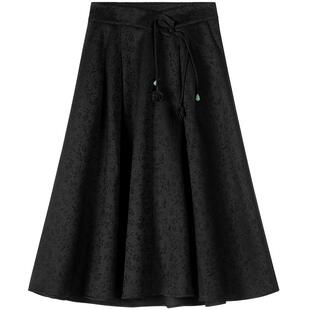 LAGOGO新中式提花半身裙女拉谷谷春秋新款黑色高腰显瘦复古裙子